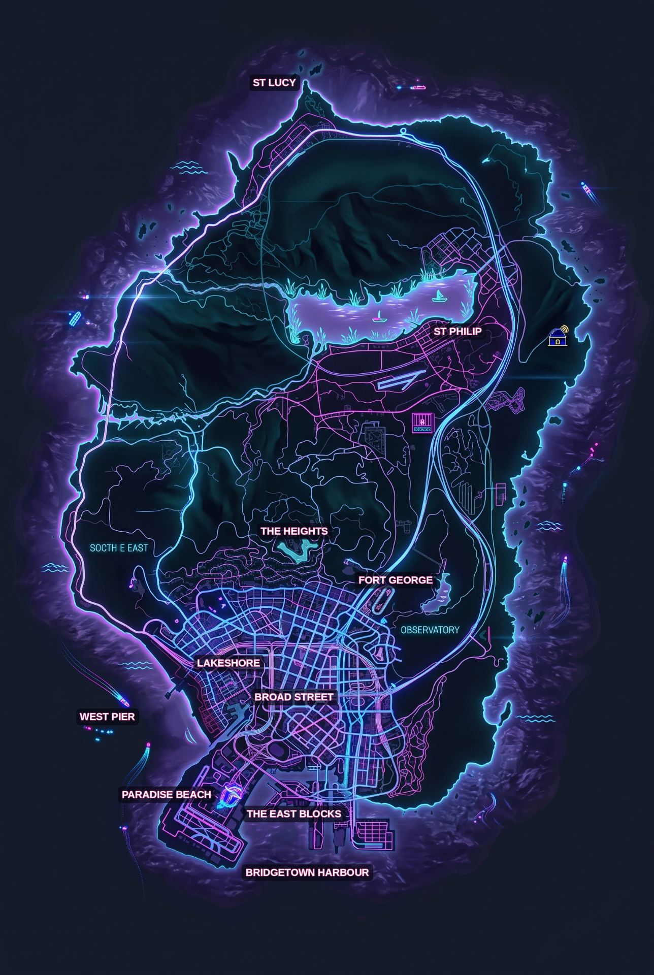 Pelican City map — LS Region Neon Noir, showing all ten districts